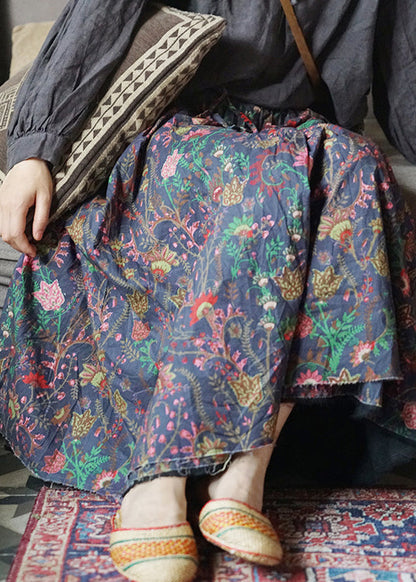 Loose Blue Elastic Waist Drawstring Cotton Skirts Spring