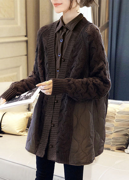 Loose Brown Button Patchwork Knit Top Winter