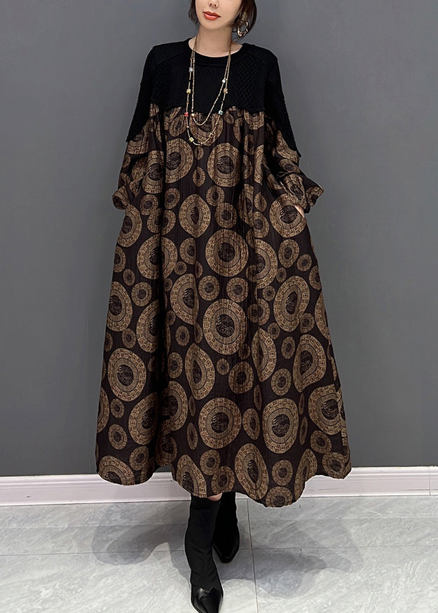 Loose Brown O-neck Patchwork Dot Print Maxi Dress Fall