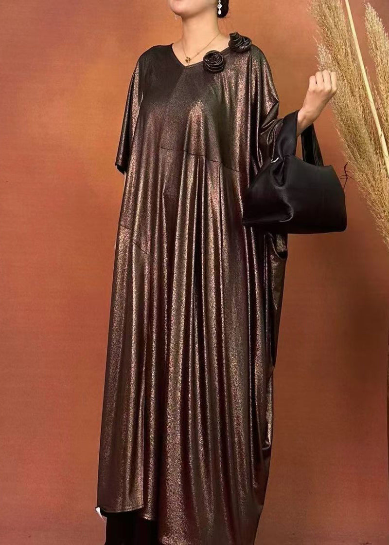 Loose Brown O-neck Patchwork Silk Maxi Dresses Spring