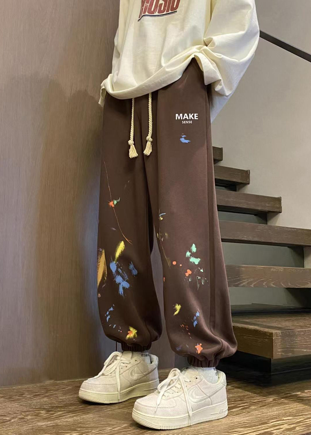 Loose Brown Pockets Elastic Waist Warm Fleece Pants Spring
