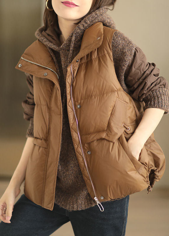 Loose Brown Stand Collar Zip Up Drawstring Duck Down Vest in Winter