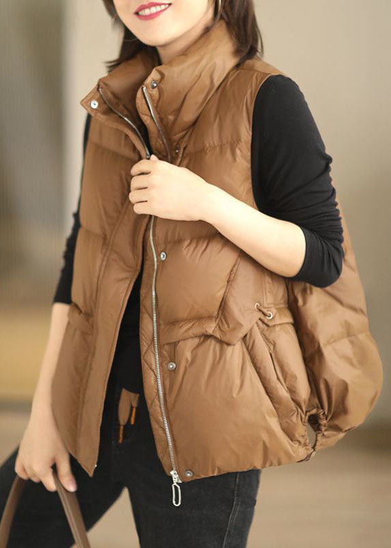 Loose Brown Stand Collar Zip Up Drawstring Duck Down Vest in Winter