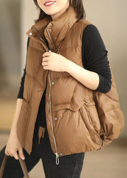 Loose Brown Stand Collar Zip Up Drawstring Duck Down Vest in Winter