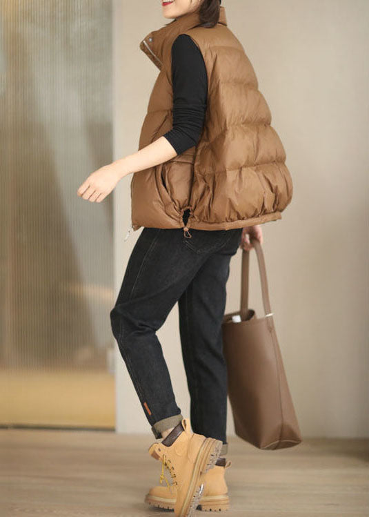 Loose Brown Stand Collar Zip Up Drawstring Duck Down Vest in Winter