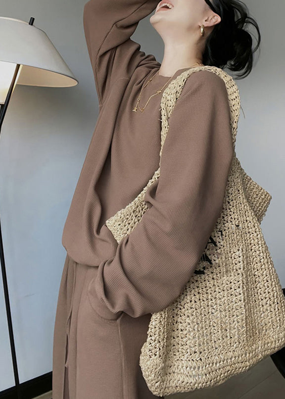 Loose Brown Top and Wide Leg Pants Two Piece Set Spring