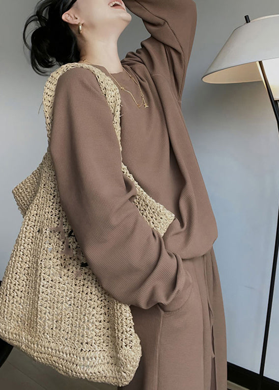 Loose Brown Top and Wide Leg Pants Two Piece Set Spring