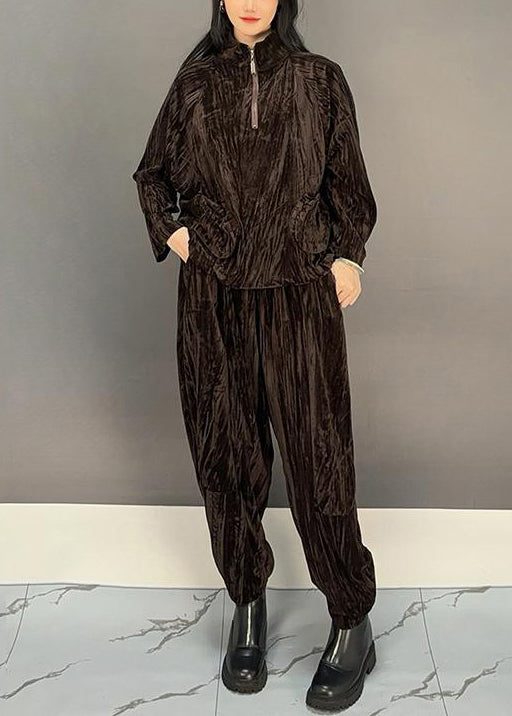 Loose Brown Zippered Tops and Crop Pants Silk Velvet Two Pieces Set Spring