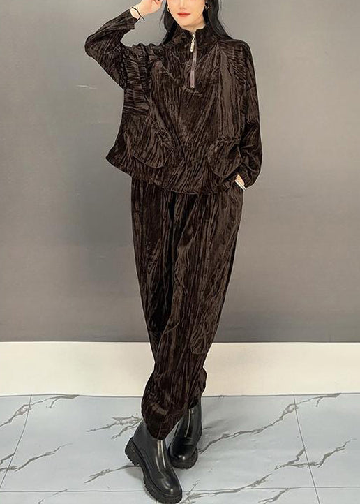 Loose Brown Zippered Tops and Crop Pants Silk Velvet Two Pieces Set Spring