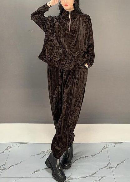 Loose Brown Zippered Tops and Crop Pants Silk Velvet Two Pieces Set Spring