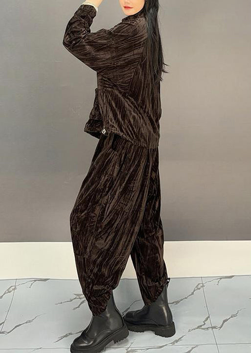 Loose Brown Zippered Tops and Crop Pants Silk Velvet Two Pieces Set Spring
