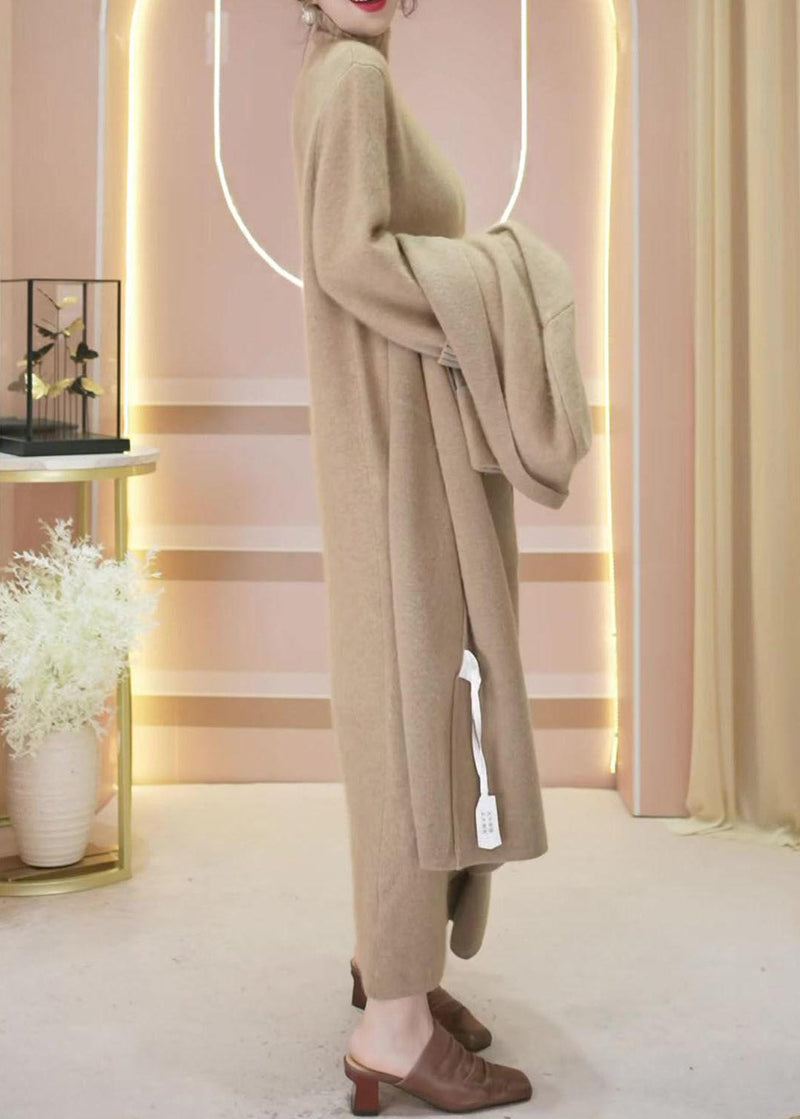 Loose Camel Pockets Woolen Cardigan and Turtleneck Knit Dress Two Piece Set Winter