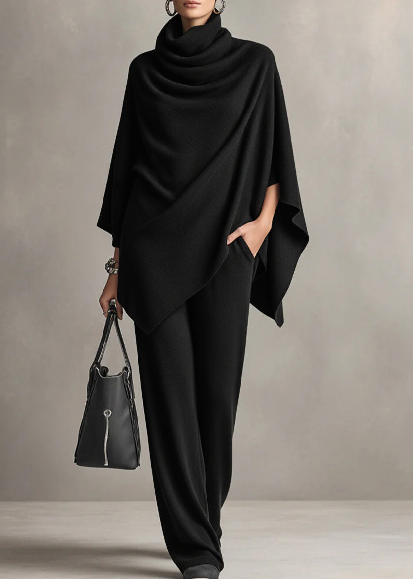 Loose Camel Turtleneck Pockets Tops and Pants Two-piece Set