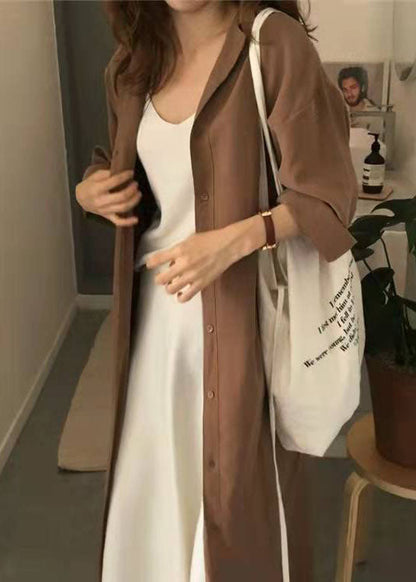 Loose Caramel Peter Pan Collar Tie Waist Cotton Shirts Dresses Spring