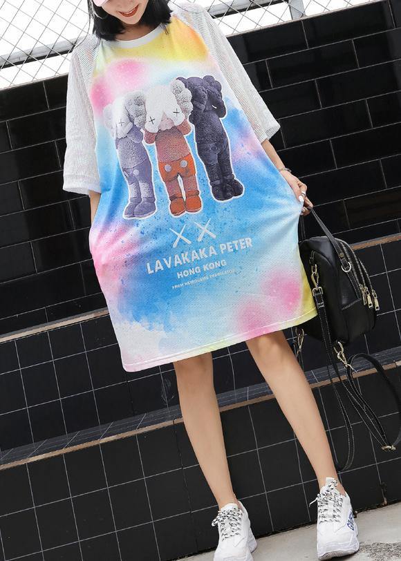 Loose Cartoon Print Blended Tunics for Short Sleeve Loose Summer Dress