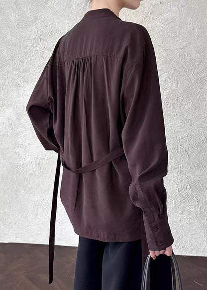 Loose Coffee Asymmetrical Tie Waist Shirt Spring