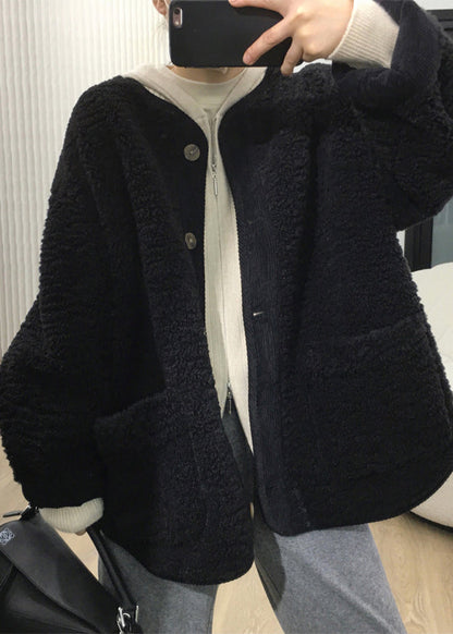 Loose Coffee Button Pockets Teddy Faux Fur Coats Fall