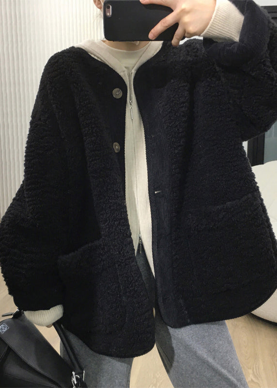 Loose Coffee Button Pockets Teddy Faux Fur Coats Fall