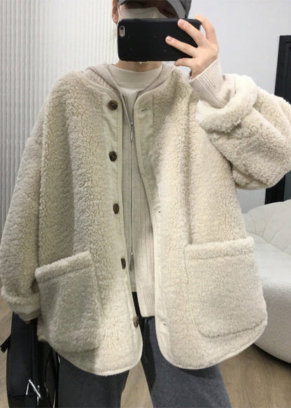 Loose Coffee Button Pockets Teddy Faux Fur Coats Fall
