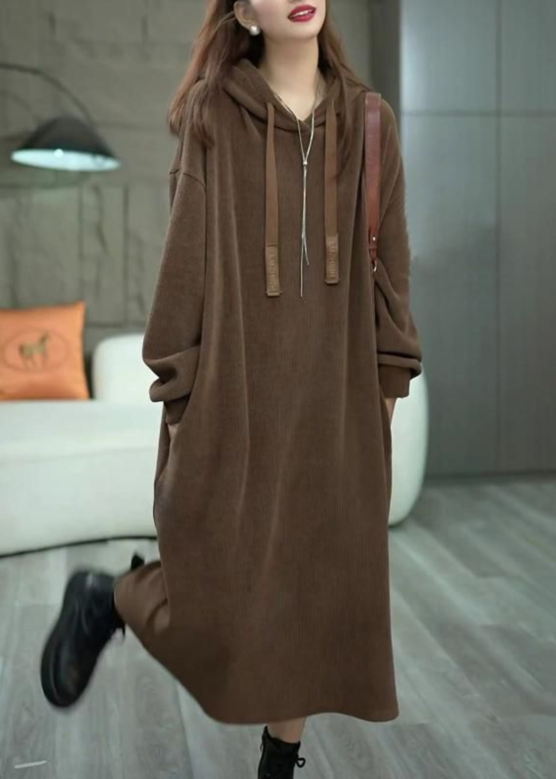 Loose Coffee Hooded Pockets Long Dress Winter