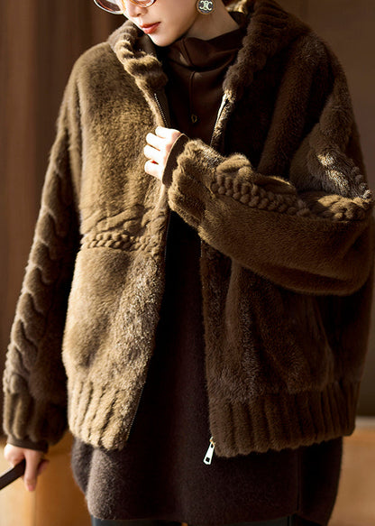 Loose Coffee Hooded Zippered Leather and Fur Coats Winter