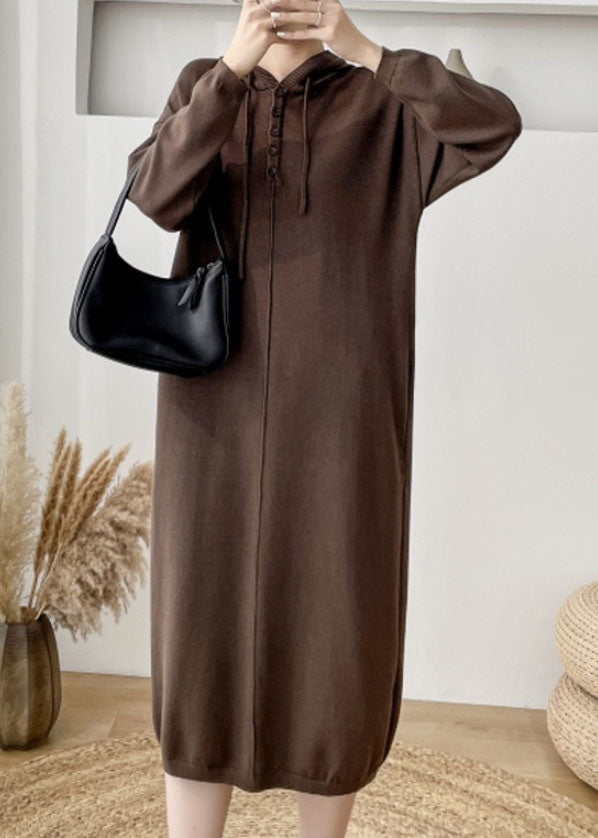 Loose Chocolate Hooded Thick Knit Sweater Dress Winter