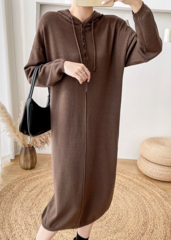 Loose Chocolate Hooded Thick Knit Sweater Dress Winter