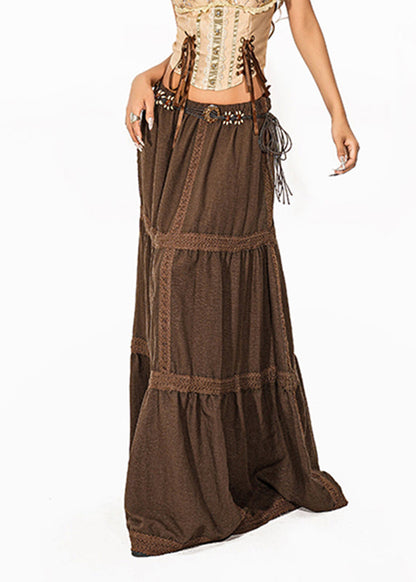 Loose Coffee Lace Patchwork Maxi Cake Skirts