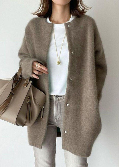 Loose Coffee O Neck Button Woolen Coat Spring