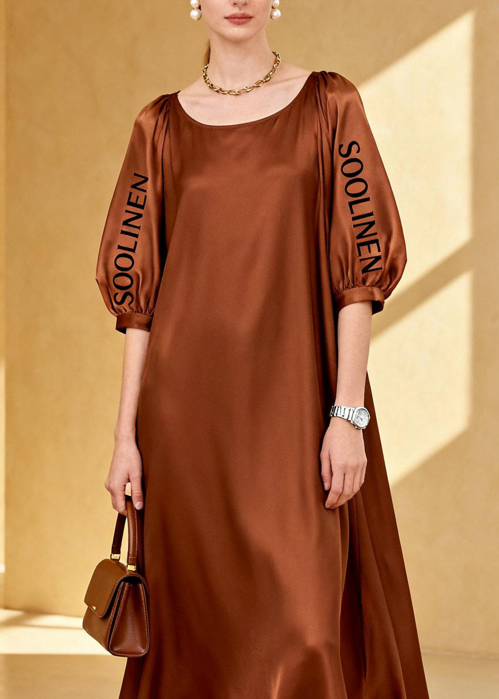 Loose Coffee O-neck Graphic Silk Maxi Dress Summer