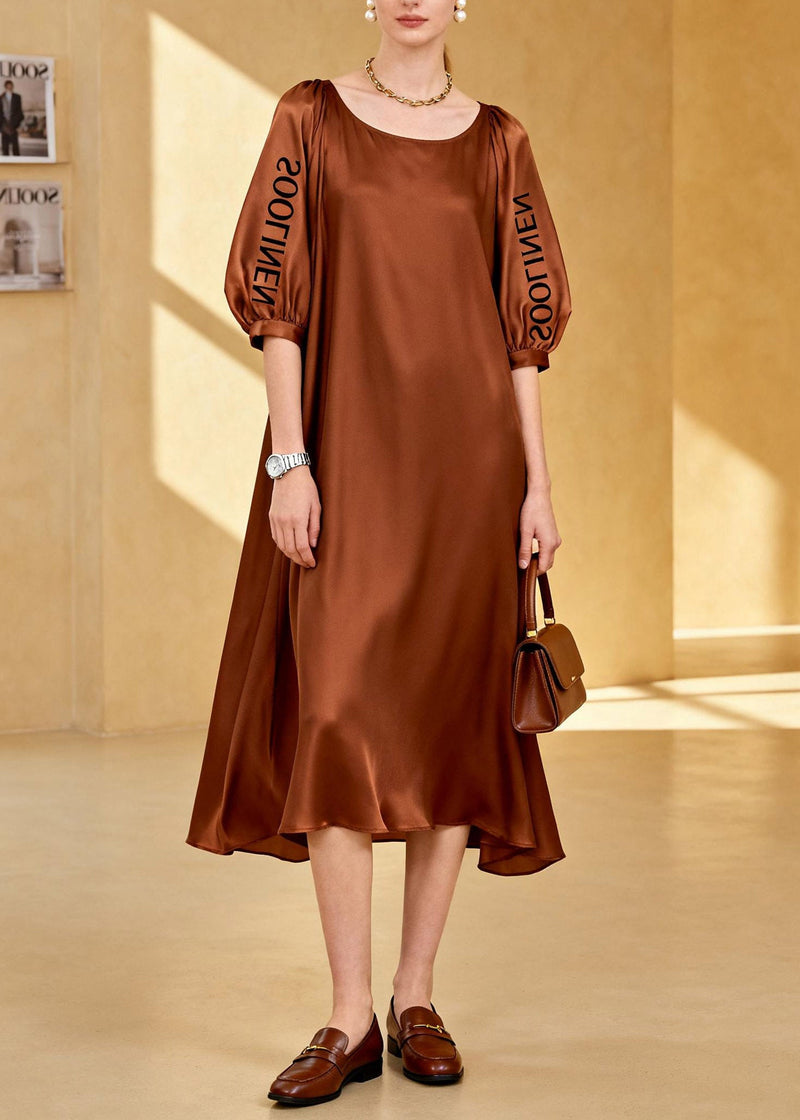 Loose Coffee O-neck Graphic Silk Maxi Dress Summer