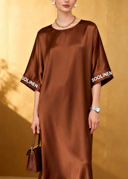 Loose Coffee O-neck Graphic Silk Maxi Dresses Summer