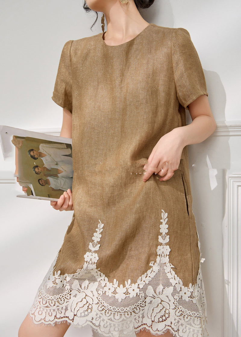 Loose Coffee O-neck Lace Patchwork Mid Dress Short Sleeve