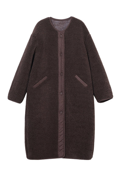Loose Chocolate O-neck Patchwork Button Pockets Faux Fur Coats Long Sleeve