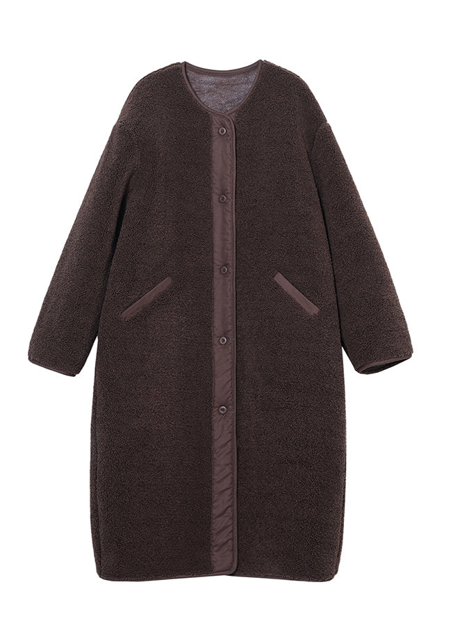 Loose Chocolate O-neck Patchwork Button Pockets Faux Fur Coats Long Sleeve