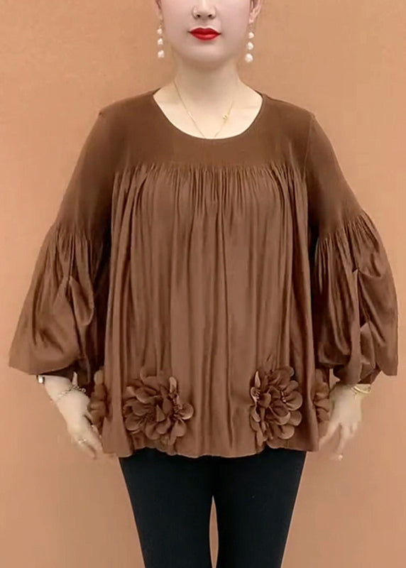 Loose Coffee O-neck Patchwork T Shirt Lantern Sleeve