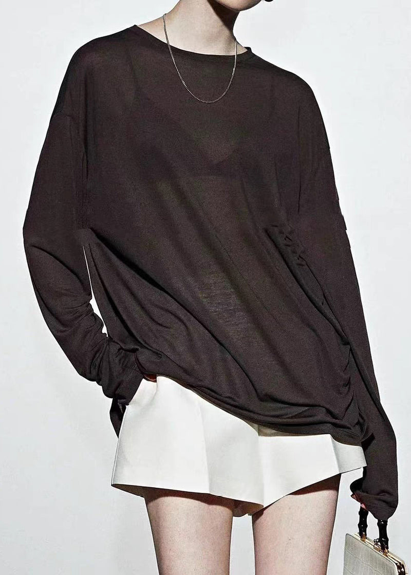Loose Coffee O-neck Patchwork Silk T Shirt Spring