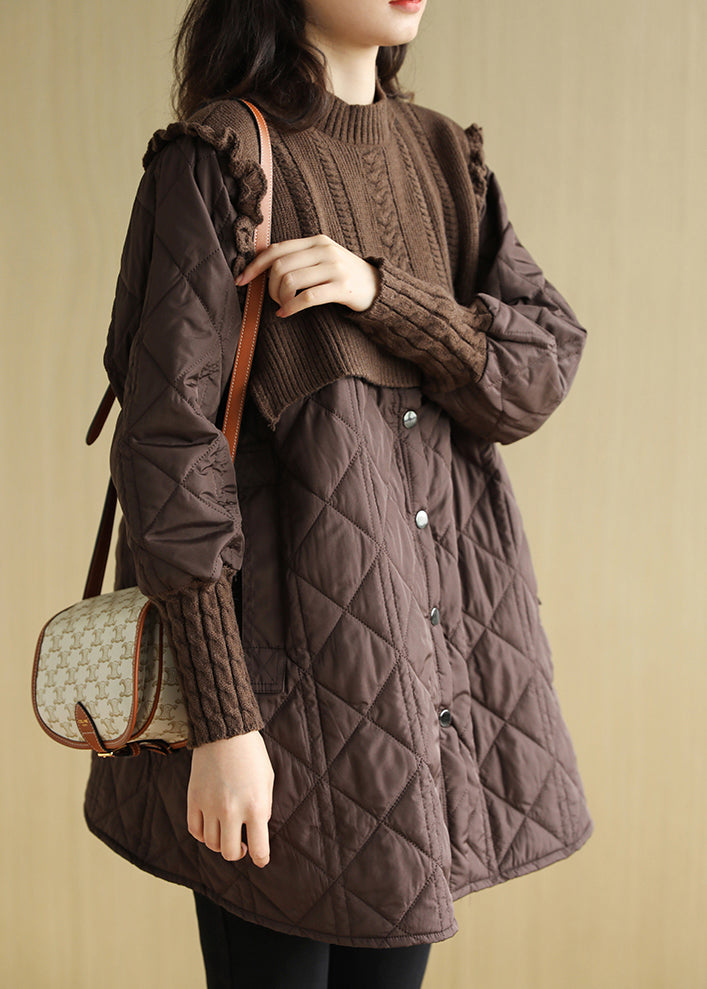 Loose Chocolate O-neck Pockets Button Patchwork Knit Cotton Winter Coats Long Sleeve