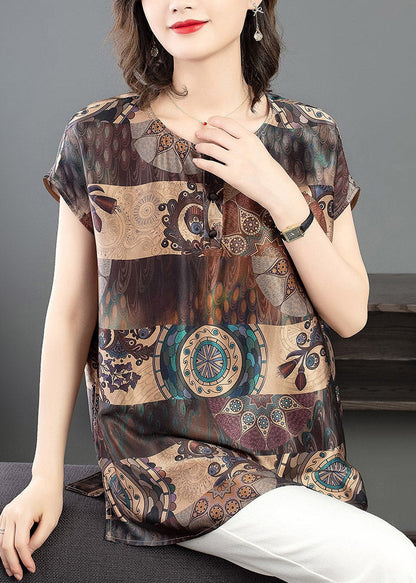 Loose Chocolate O-neck Print Side Open Silk Tops Short Sleeve