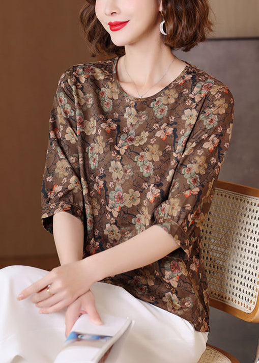 Loose Coffee O Neck Print Wear on Both Sides Silk Shirts Summer
