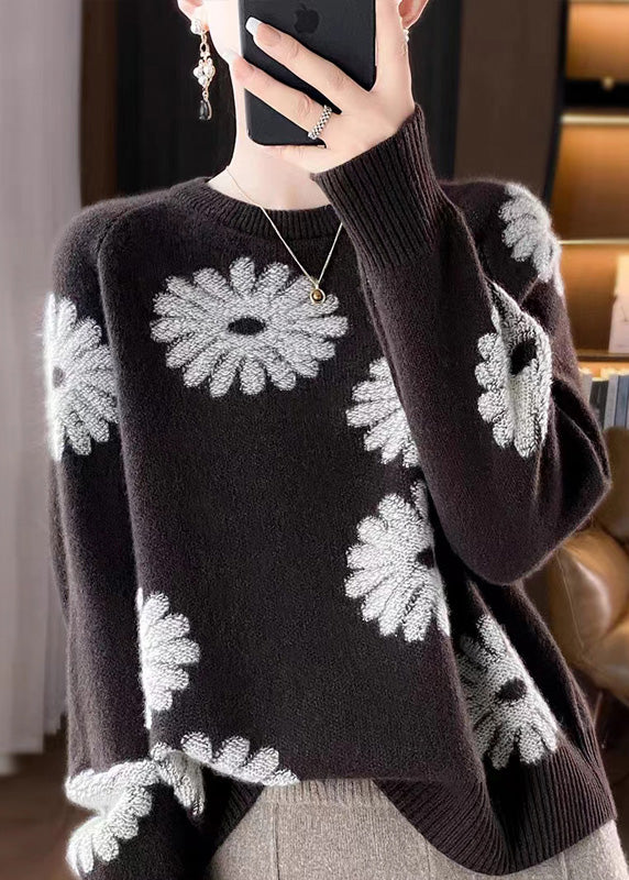 Loose Coffee O-neck Print Wool Knit Sweaters Fall
