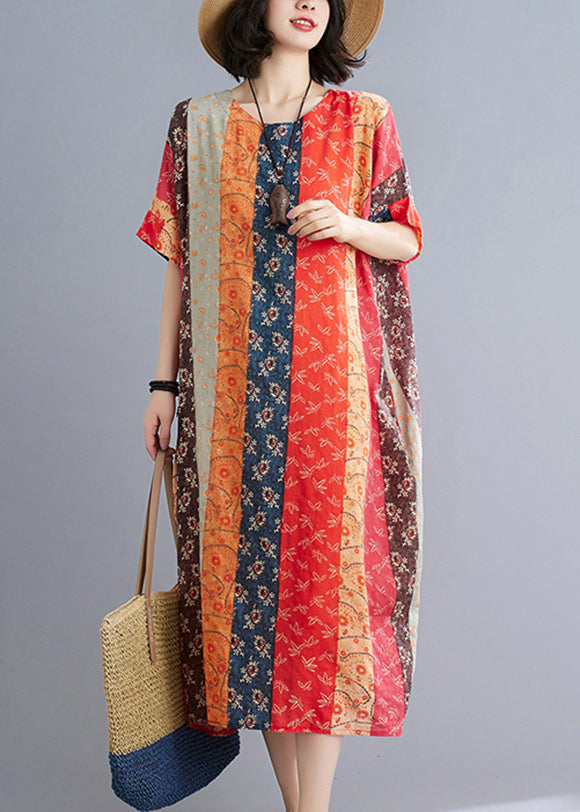 Loose Chocolate Orange O-neck Print Beach Dresses Short Sleeve