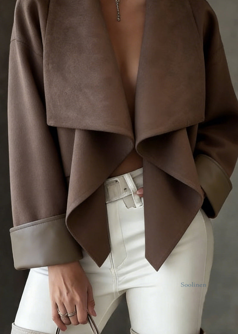 Loose Coffee Peter Pan Collar Faux Suede Coats Spring
