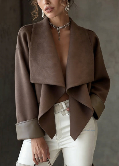 Loose Coffee Peter Pan Collar Faux Suede Coats Spring
