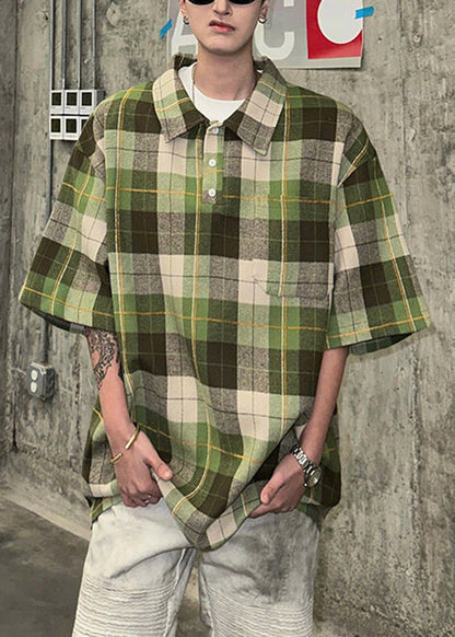 Loose Coffee Plaid Button Cotton Pullover Shirts Half Sleeve