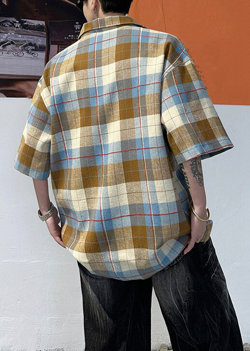 Loose Coffee Plaid Button Cotton Pullover Shirts Half Sleeve