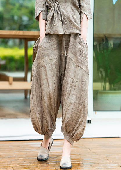 Loose Coffee Pockets Elastic Waist Linen Lantern Pants Summer