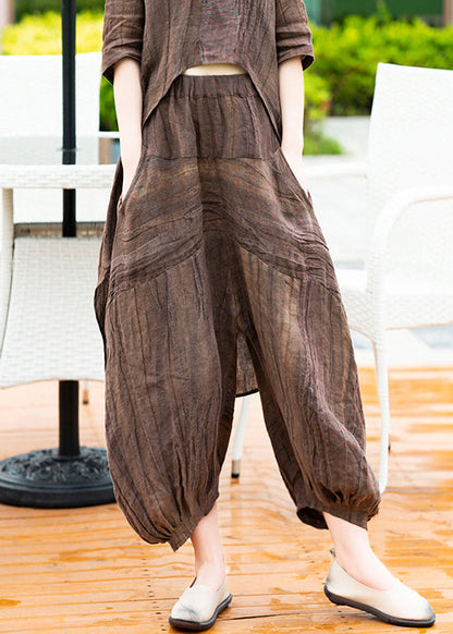 Loose Coffee Pockets Elastic Waist Linen Lantern Pants Summer