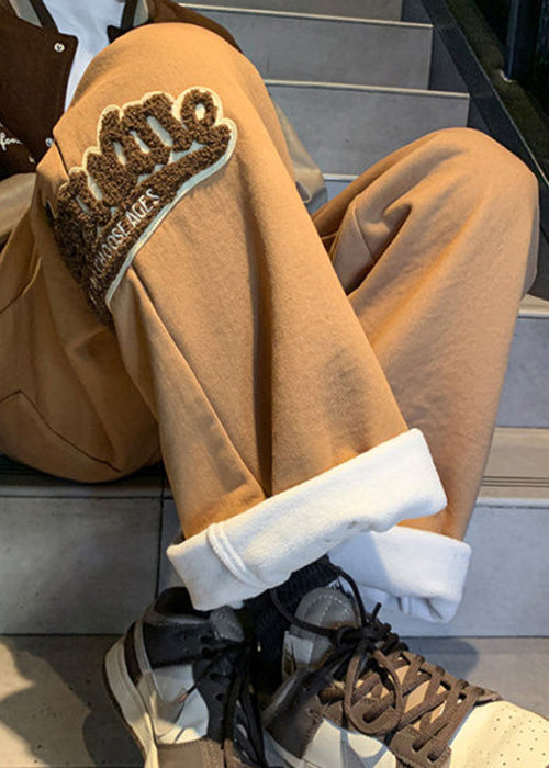 Loose Coffee Pockets Elastic Waist Warm Fleece Pants Spring