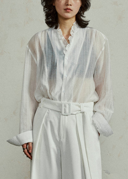Loose Coffee Ruffled Button Cotton Blouses Fall